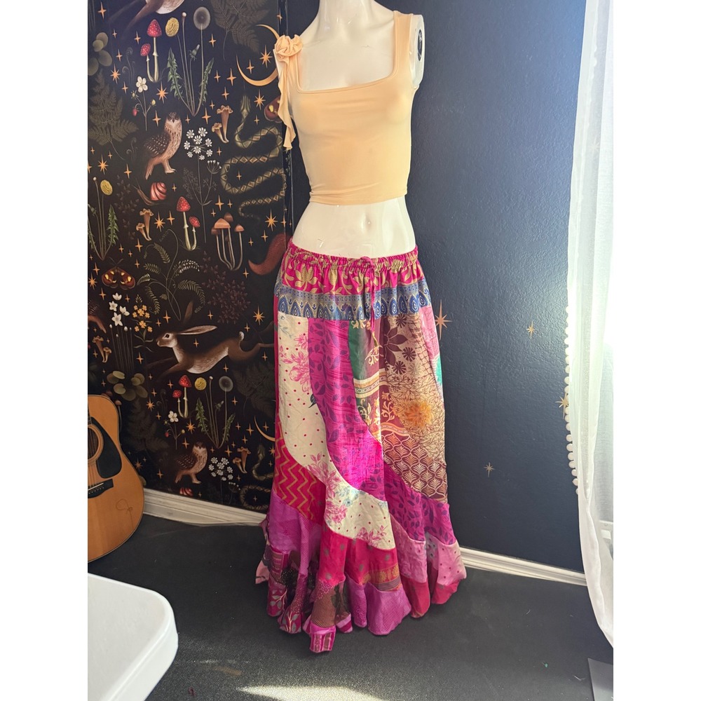 Faye's Fashion Pink Patchwork Boho Maxi Skirt Elastic Waist Floral Tiered Ruffle